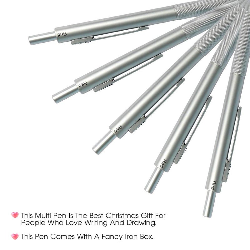 smttw 4 in1 Multi-Function Refillable & Retractable Ballpoint Pen + 0.5mm Mechanical Pencil, Fine Point, Silver Metal Barrel, Black/Red/Blue Inks, Multicolor Pen With Metal Gift Box - Image 4